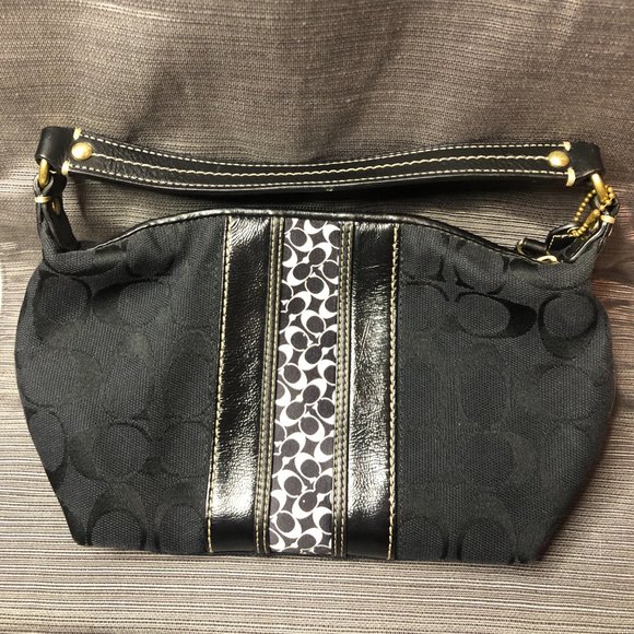 Coach Mini Signature Print Striped Black Small Leather Trim Logo Handbag - Picture 2 of 11